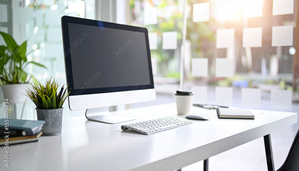 Close Up Office Desk with Computer, Supplies, and Coffee Cup on White Background
Close Up Office Desk with Computer, Supplies, and Coffee Cup on White Background