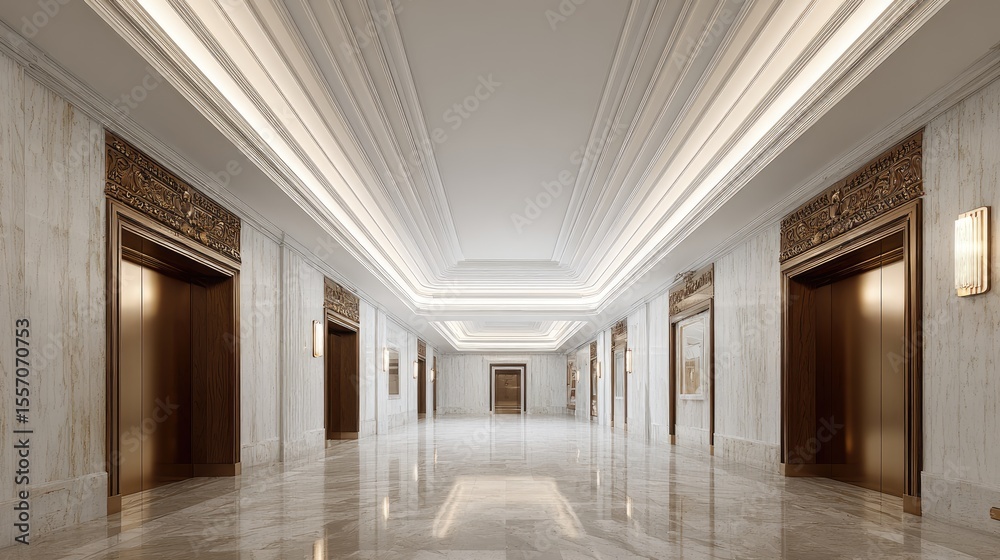 Fototapeta premium Grand entrance hall with smooth stone flooring and minimalist crown moldings