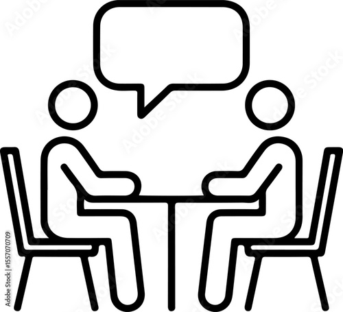 Two people sitting at a table with a speech bubble above them communicating
