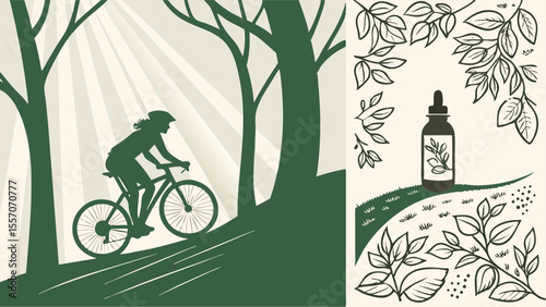 Silhouette of a cyclist riding a bicycle in the forest with a dropper bottle and leaf decorations nearby