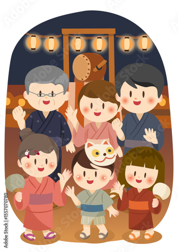 盆踊りを楽しむ家族たち、Family Having Fun at a Bon Odori Festival
