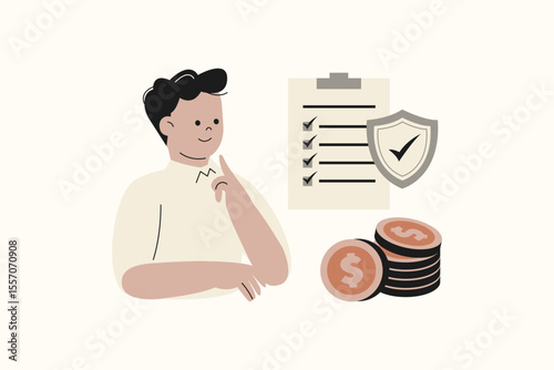 Illustration of Man Thinking About Insurance and Financial Planning