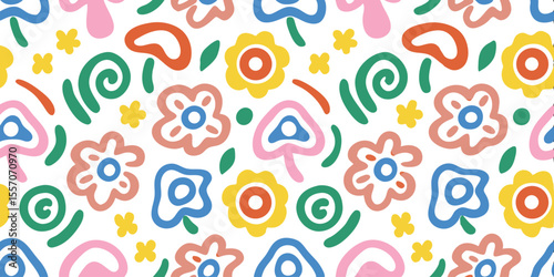 Floral Whimsy: A vibrant seamless pattern bursts with colorful, hand-drawn flowers and playful organic shapes, evoking a sense of joy and lightheartedness.