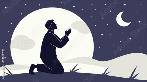 Silhouette of a man kneeling in prayer under a crescent moon and starry night with clouds and grass 100