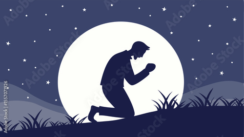 Silhouette of a man kneeling in prayer under a full moon with stars in the night sky illustration
