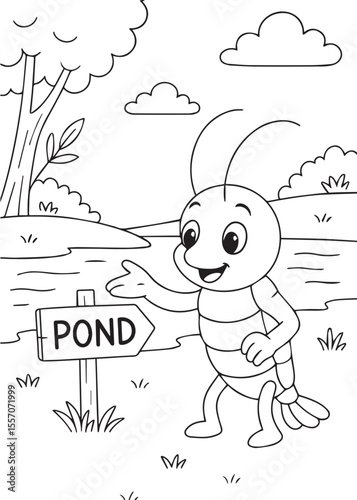 Coloring book shrimp showing signs pointing to pond