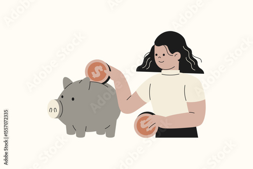 Illustration of Woman Saving Money in Piggy Bank