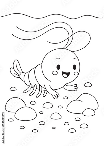 Coloring book shrimp crawling on seabed exploring underwater world.