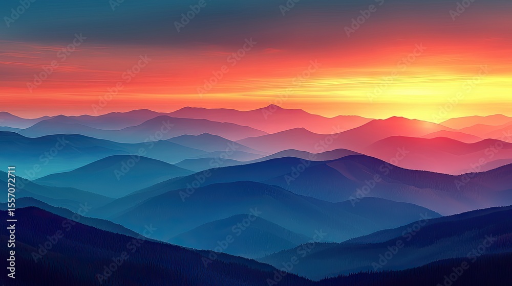 Fototapeta premium Colorful mountain range at sunrise.