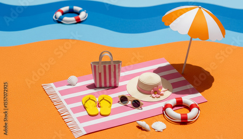 Colorful 3D Beach Vacation Scene with Umbrella, Towel, and Summer Accessories