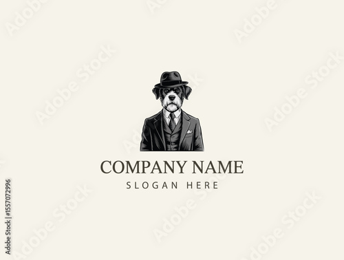 Elegant Black and White Engraved Illustration of a Dog in a Suit and Hat