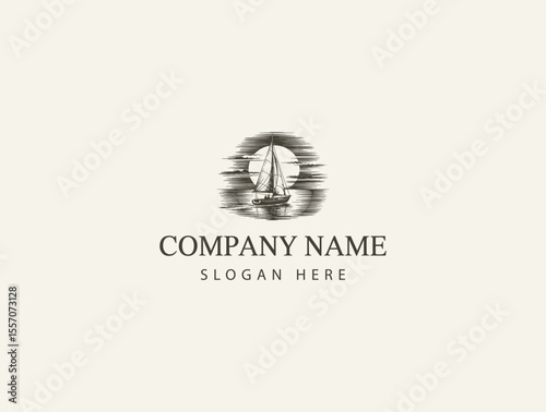 Elegant Black and White Sailing Ship Engraving Logo Design Perfect for Nautical Businesses