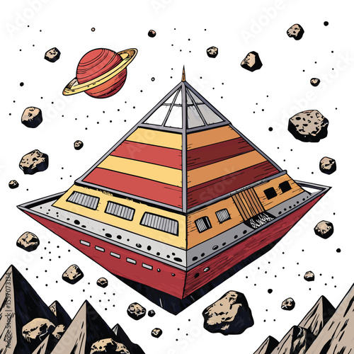 A vibrant red pyramid spacecraft hovers above a dramatic asteroid field in deep space.