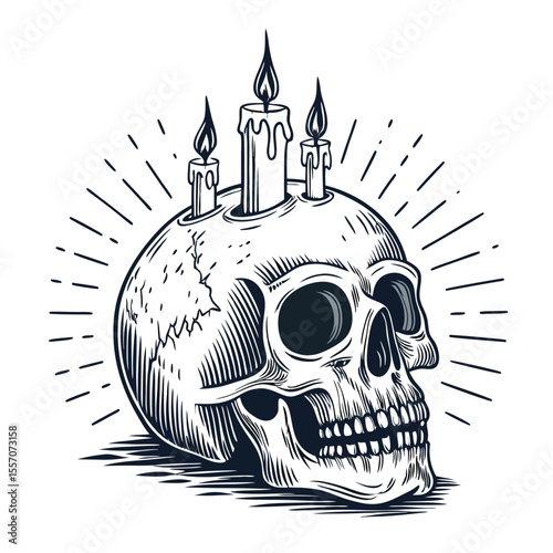 A macabre, isolated skull, eerily floating with melted candle wax dripping down its bone surface.