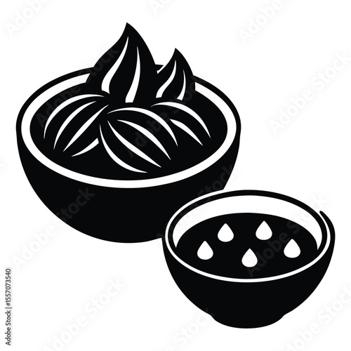 Vector illustration of a soup bowl and a bowl with something that looks like leaves