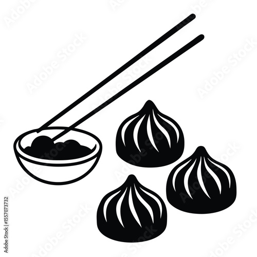 Vector illustration of delicious asian dumplings with chopsticks and dipping sauce on white background