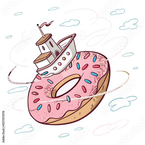 A fantastical donut-shaped spaceship with sugary frosting rings orbiting a distant planet.