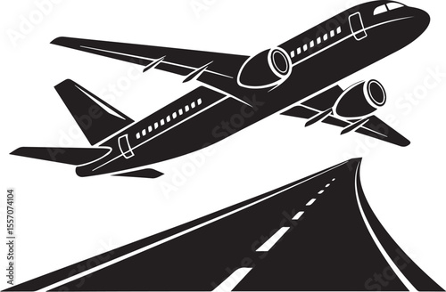 Silhouette of an airplane in side view, black vector icon in minimal style, simple aviation and travel transport symbol, isolated aircraft graphic on white background in PNG format

