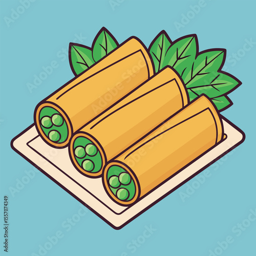 Vector illustration of delicious spring rolls with vegetables served on a plate with vibrant leaves