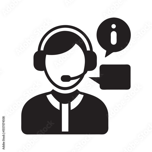 Customer Support Agent Icon with Headset and Information Bubble in Black and White Vector Illustration