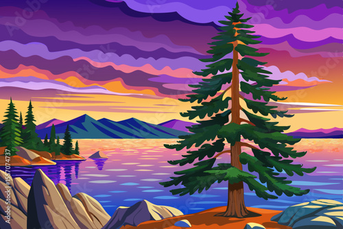 Sand Harbor Lake Tahoe Nevada at sunset time with beautiful sky, Simple cartoon design illustration vector, pine trees