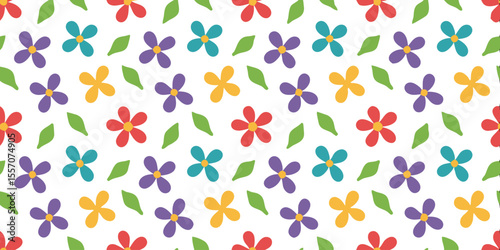 Wallpaper Mural Flower Field Pattern: An eye-level pattern featuring vibrant, stylized flowers and leaves, showcasing a cheerful, artistic design, ideal for textile, wallpaper, or background applications. Torontodigital.ca