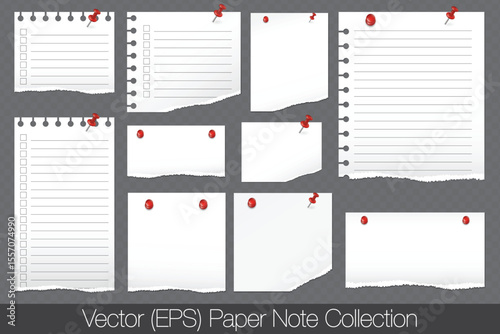 Realistic white clean paper notes with torn edges, ripped white notes with empty fields pinned with red push pins, paper scraps with torn edges isolated on transparent background