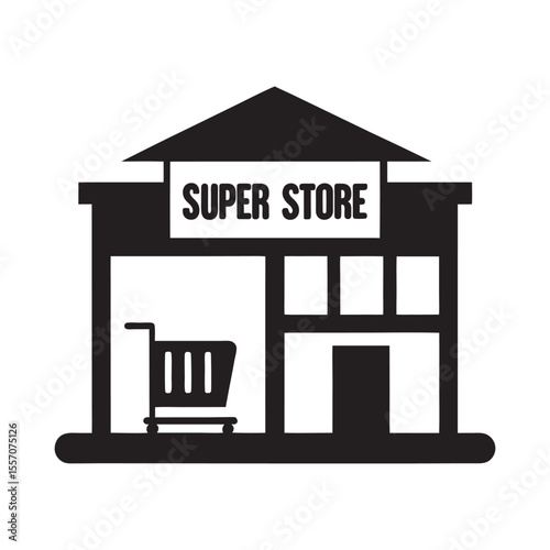 Black and White Super Store Icon with Shopping Cart Illustration in Minimalist Style