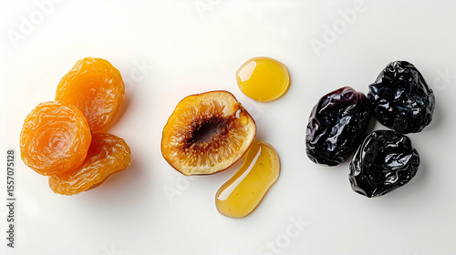 A dried fig nestled among fresh eucalyptus leaves on white backdrop contrasting warm earthy tones with soft greenery illuminated naturally for organic serene appeal