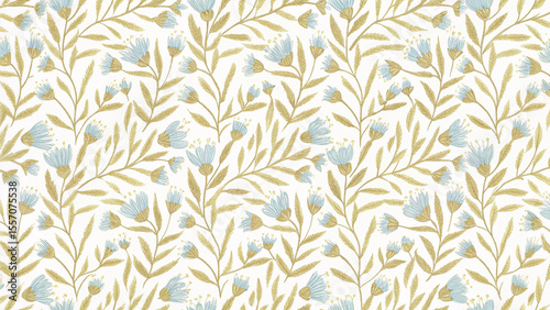 Delicate Blue Flowers and Golden Leaves Seamless Floral Pattern Illustration