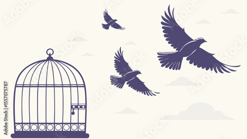 Illustration of birds flying away from an open birdcage with a light background and cloud accents around them