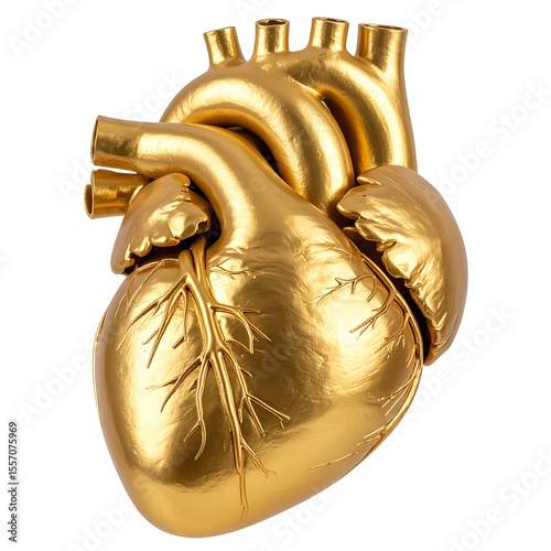 Golden anatomical heart levitating with dramatic highlights and shadows, surreal concept, transparent background PNG