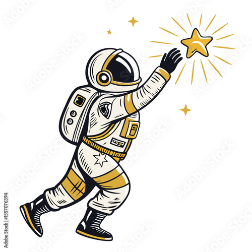 A radiant astronaut reaches out for a minuscule, glowing orb floating amidst the cosmic dark.