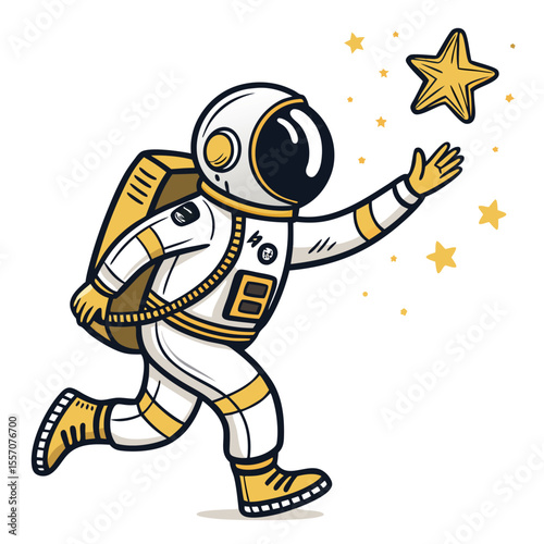 A luminous astronaut extends a hand towards a small, distant object drifting in space.