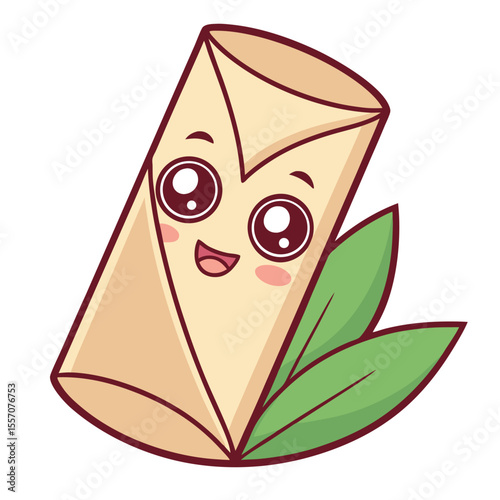 Adorable cartoon illustration of a smiling spring roll with green leaf decoration