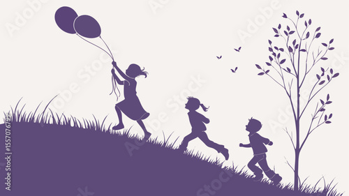 Silhouette of children running up a hill with balloons and a tree against a light background landscape view