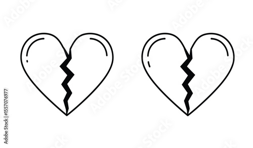 two black filled heart icons, broken heart, love symbol, cracked heart icon, heartbreak, simple flat vector icon