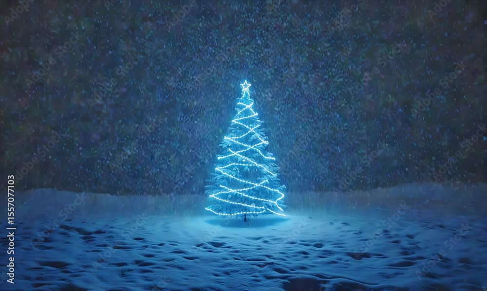 dreamy blue christmas tree glowing with lights and falling snow