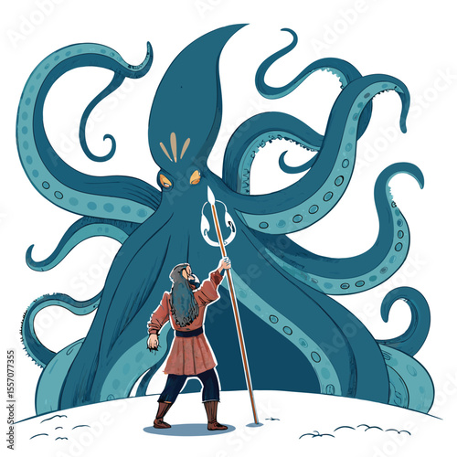 A mythical giant squid deity dramatically appears, its form intertwined with a powerful trident wheel.