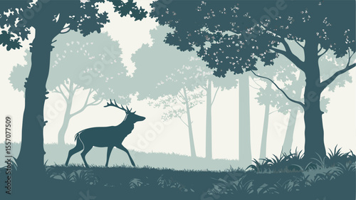 Silhouette of a deer walking through a misty forest with tall trees and lush grass on a foggy morning scene