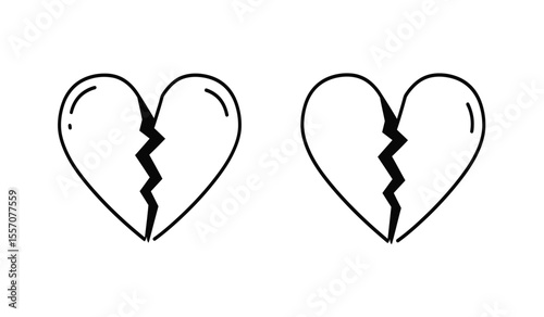two black filled heart icons, broken heart, love symbol, cracked heart icon, heartbreak, simple flat vector icon
