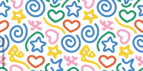 Playful Pattern of Shapes: A cheerful and captivating pattern of colorful shapes, including hearts, stars, and spirals, rendered in a modern, hand-drawn style, bringing a sense of joy and whimsy.