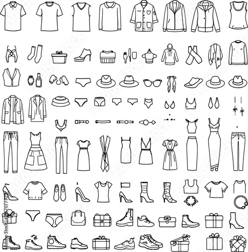 .Black-and-White Vector Illustration of Clothing & Accessory Icons – 36-Piece Fashion Essentials Set (Alternate Variant)
