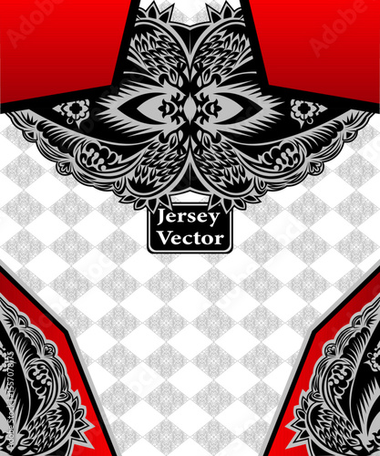 Intricate Ornamental Jersey Design with Red and Black Accents, quality jersey design vector, modern traditional jersey for sport fashion for players, trendy sport t shirt, fabric design.