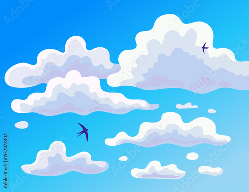 Summer bright clouds in the blue sky and flying swallows. Vector illustration.