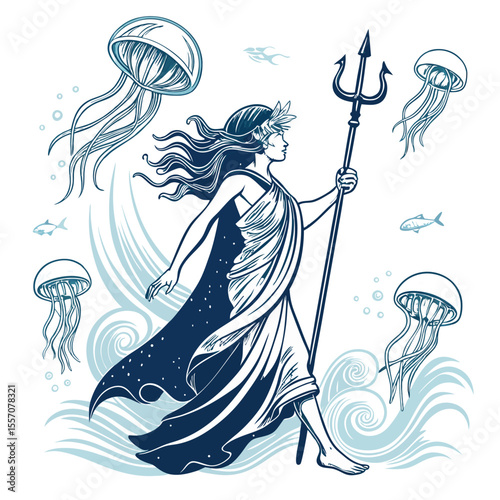 A powerful goddess of tides holds a luminous crystal trident, surrounded by swirling ocean waters.