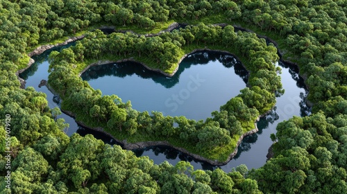 Aerial View of Heart-Shaped River Surrounded by Lush Green Forest and Tranquil Water