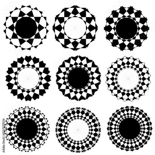 A collection of intricate black and white circular geometric patterns, Each design features unique radial symmetry and alternating shapes, creating a stunning visual effect.

