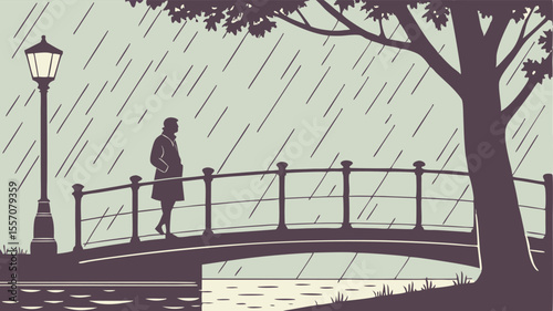 Silhouette of a man walking on a bridge in the rain with a tree and a lamp post beside the river bank