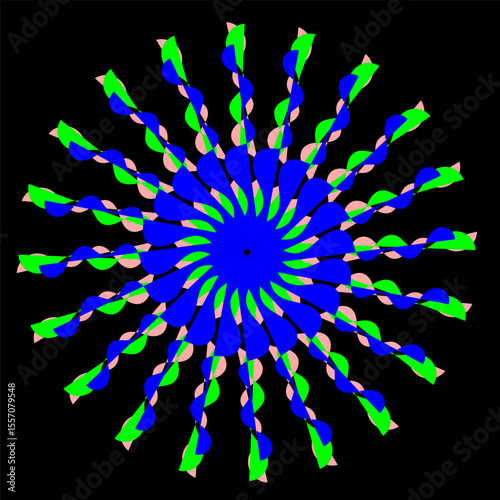 A bright geometric mandala with a multi-colored pattern. The symmetrical design radiates energy and harmony, combining sharp angles with flowing curves in a kaleidoscope of colors.
